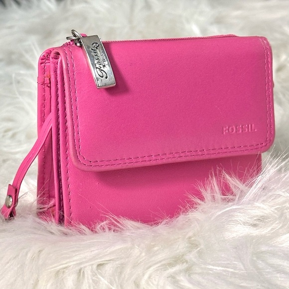 FOSSIL Genuine Leather Mini Bifold Silver Snap Wallet in Fuchsia - Vintage; EUC - Picture 6 of 8